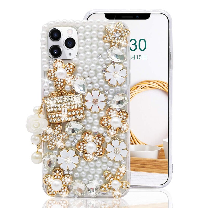 Guppy for iPhone 11 Pro Max Case Women Luxury 3D Bling Shiny Rhinestone Diamond Crystal Pearl Handmade Pendant Handbag Flowers Soft Protective Anti-Fall Case for iPhone 11 Pro Max - Image 2